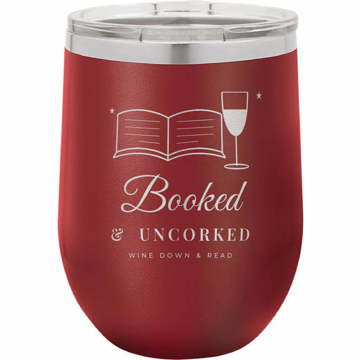 Booked & Uncorked Engraved Stemless Wine Tumbler – 12 oz mockup