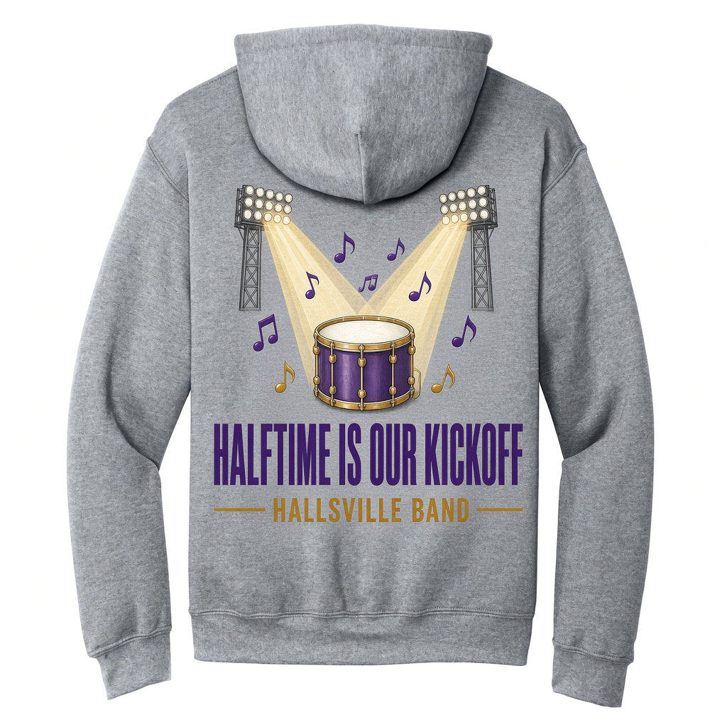 Hallsville Band Halftime Is Our Kickoff Hoodie - Sport Grey, printed on Gildan 18500 Heavy Blend Hooded Sweatshirt