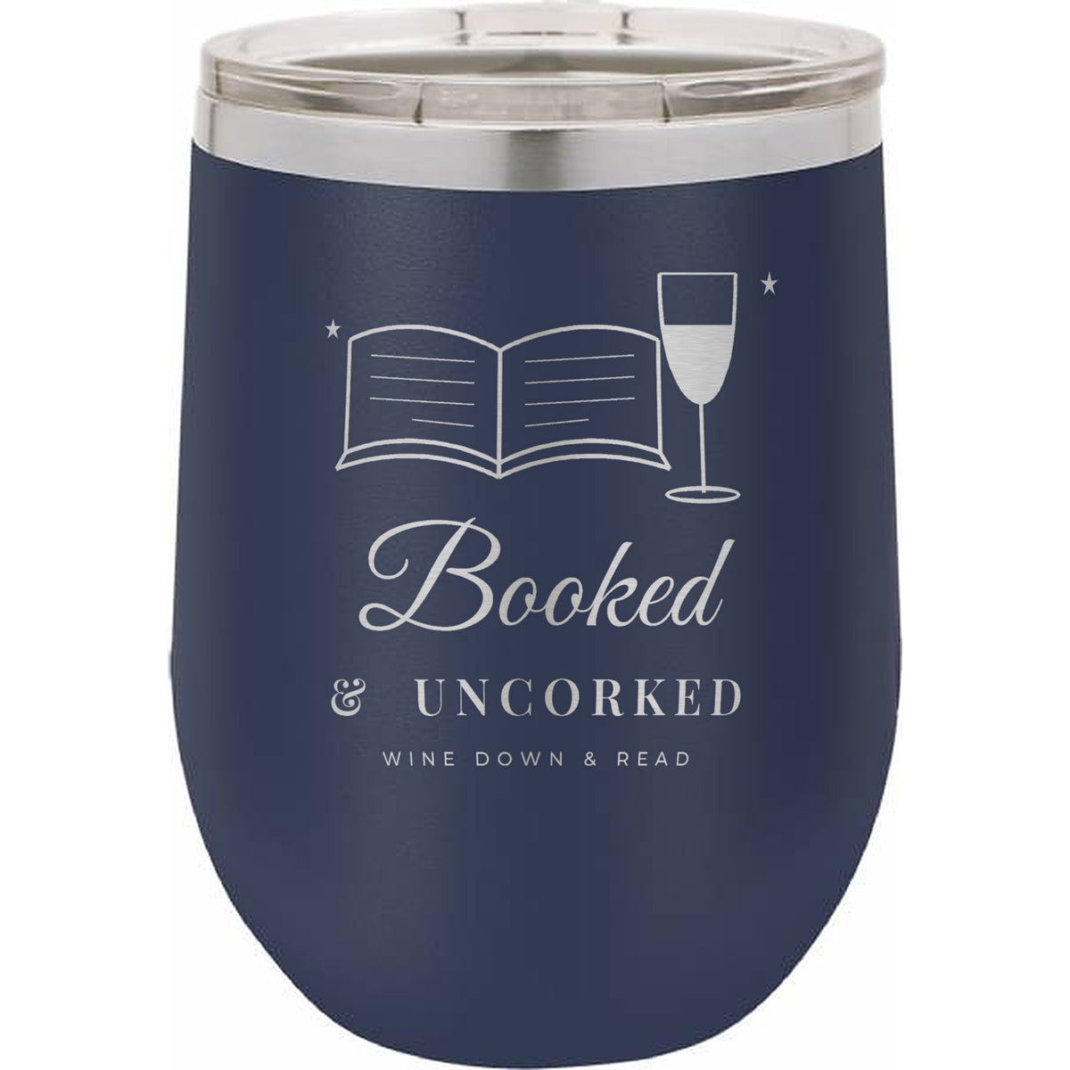 Booked & Uncorked Engraved Stemless Wine Tumbler – 12 oz - Navy