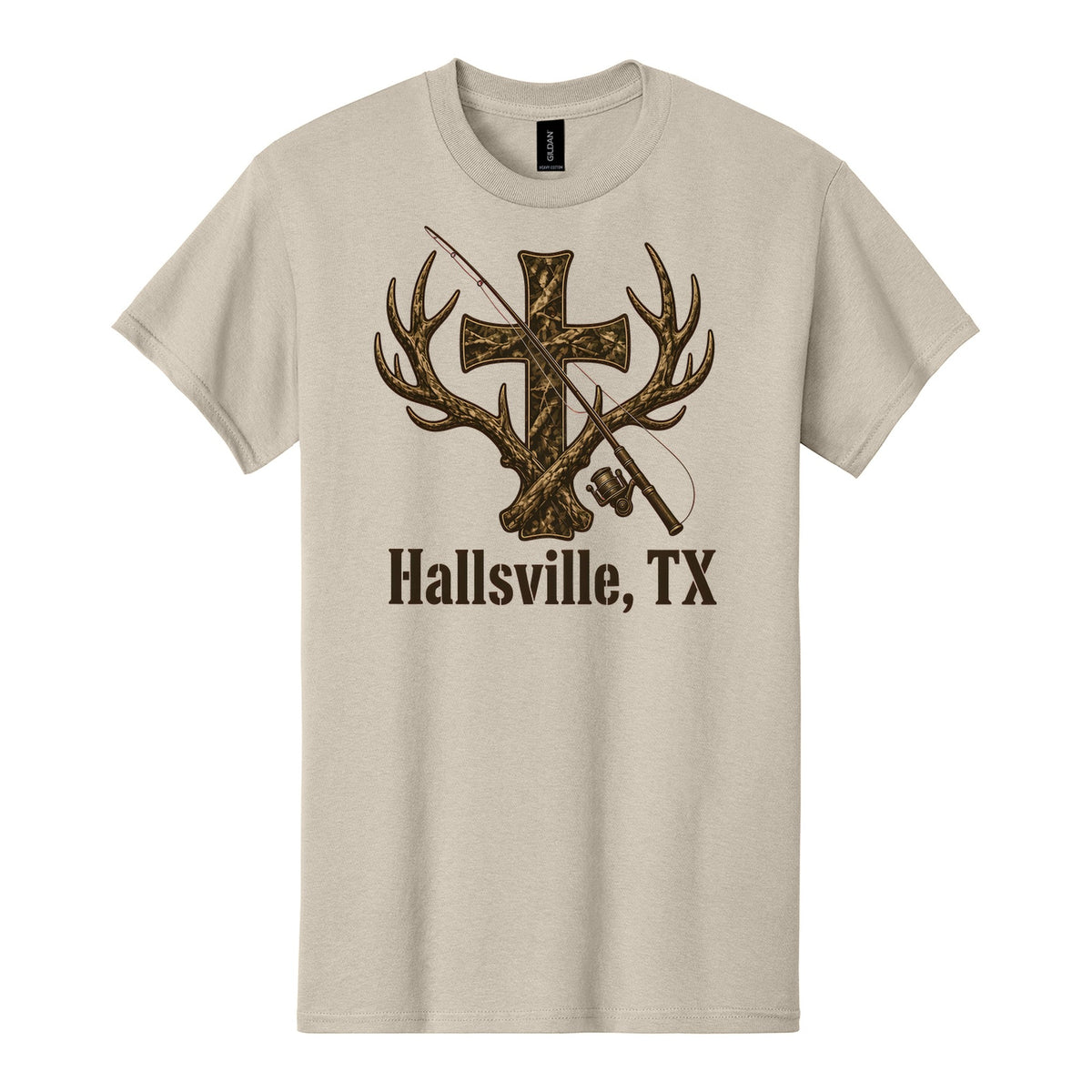 Hallsville TX Camo Cross T-Shirt – Deer Antler & Fishing Rod Christian Country Tee - Sand