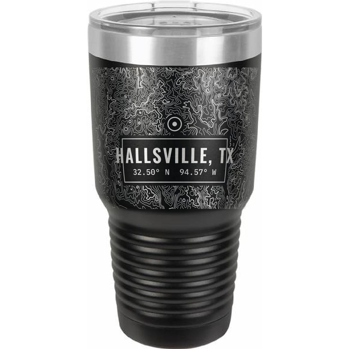 Hallsville Topo Map Coordinates Engraved Tumbler – 30 oz - Black w/ Silver Ring