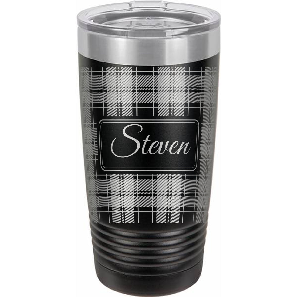 Tartan Plaid Name Engraved Tumbler – 20 oz - Black w/ Silver Ring