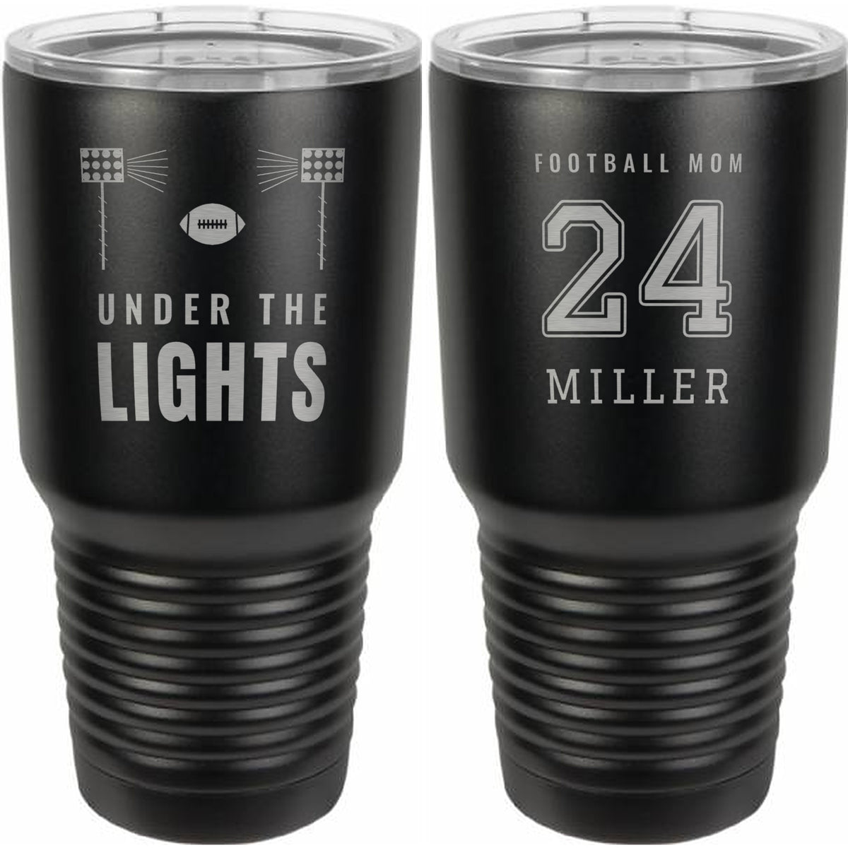 Under the Lights Football Mom Engraved Tumbler – 30 oz - Black