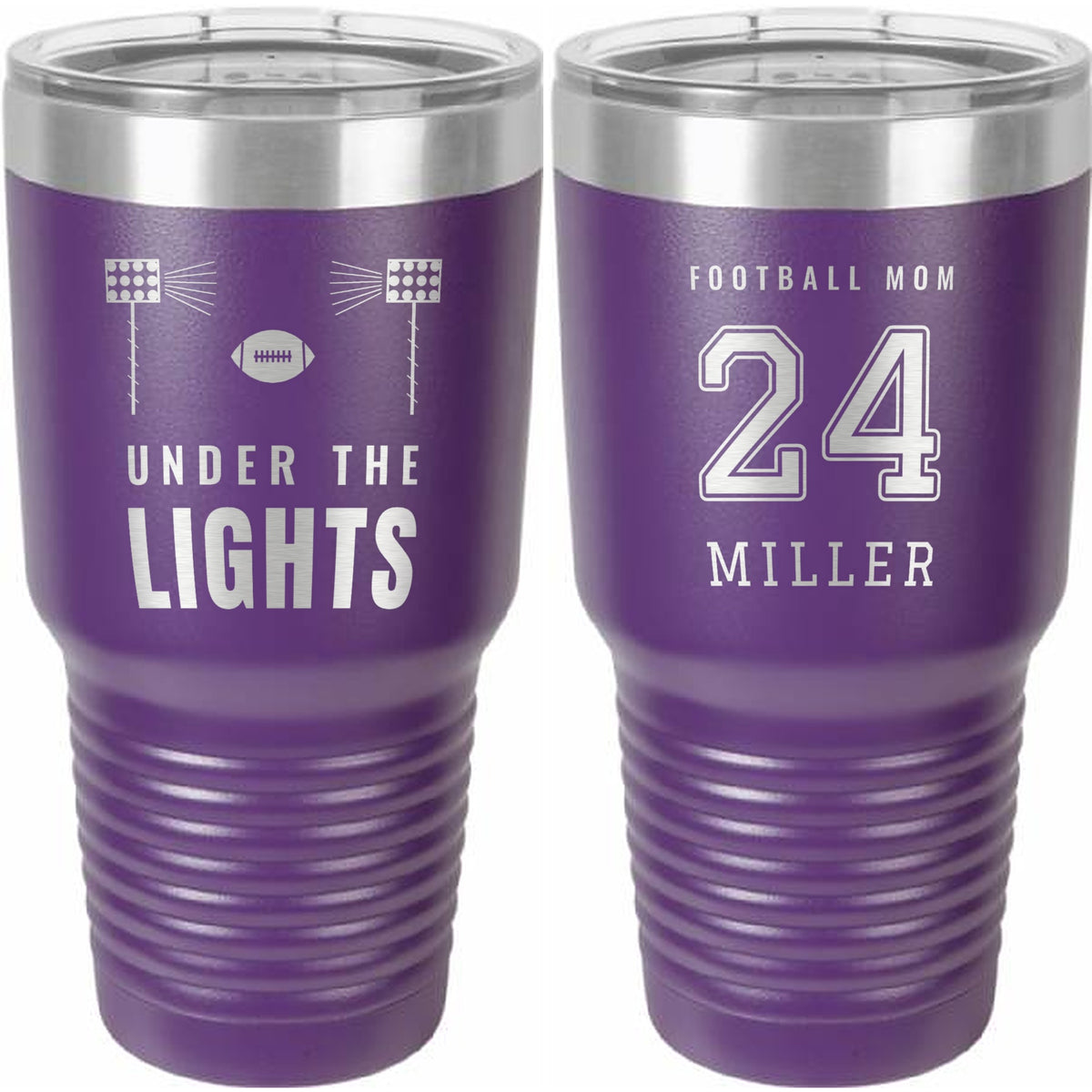 Under the Lights Football Mom Engraved Tumbler – 30 oz - Purple