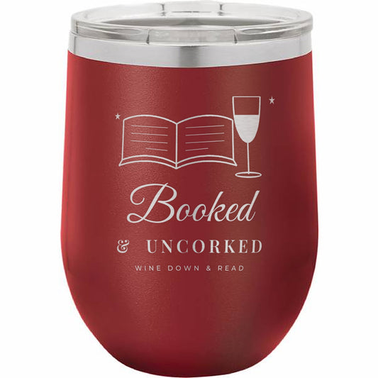 Booked & Uncorked Engraved Stemless Wine Tumbler – 12 oz mockup