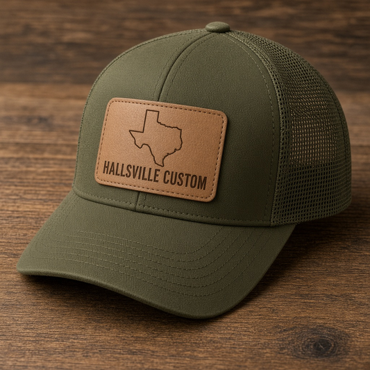 Texas Leather Patch Trucker Hat – Laser Engraved Texas Outline Snapback
