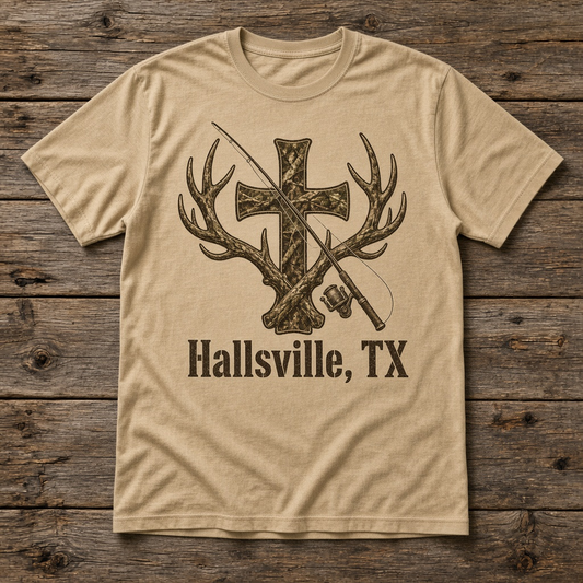 Hallsville TX Camo Cross T-Shirt – Deer Antler & Fishing Rod Christian Country Tee