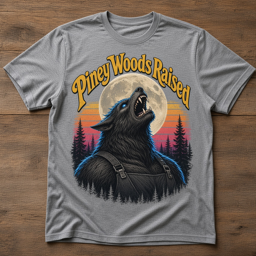 Piney Woods Raised T-Shirt – Howling Werewolf Full Moon Tee
