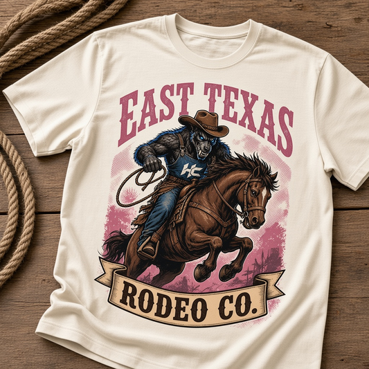 East Texas Rodeo Co. T-Shirt – Western Cowboy Werewolf Bronc Rider Tee
