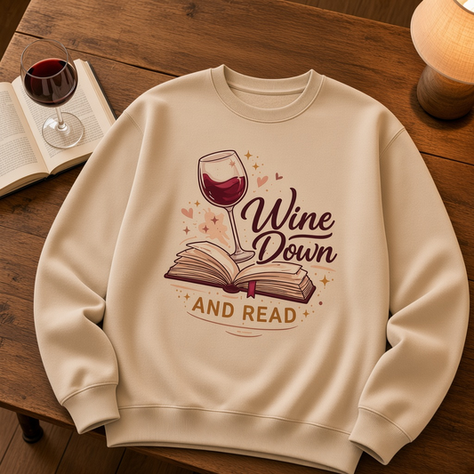 Wine Down and Read Signature Logo Crewneck – Wine Glass & Book Sweatshirt