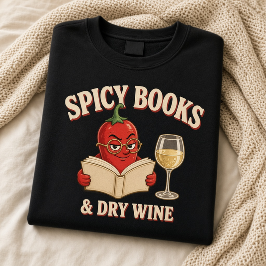 Spicy Books & Dry Wine Crewneck – Funny Chili Pepper Reader Sweatshirt