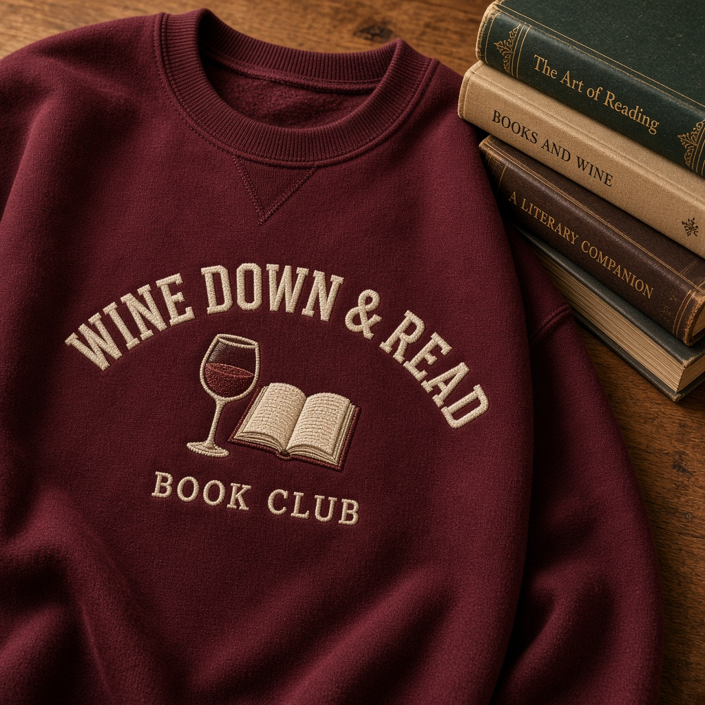 Wine Down & Read Book Club Varsity Embroidered Crewneck