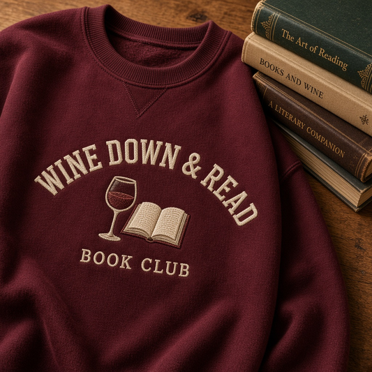 Wine Down & Read Book Club Varsity Embroidered Crewneck