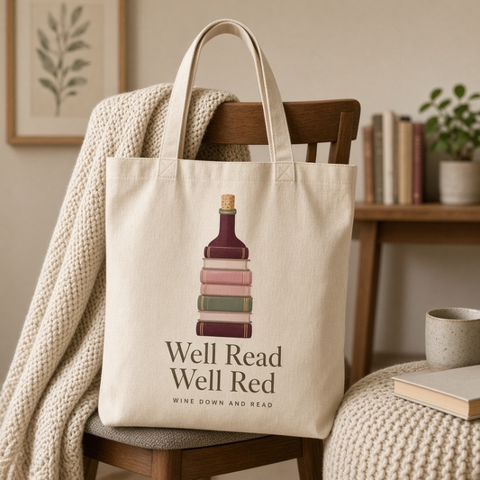 Well Read, Well Red Canvas Tote Bag – Book Stack Wine Bottle Tote