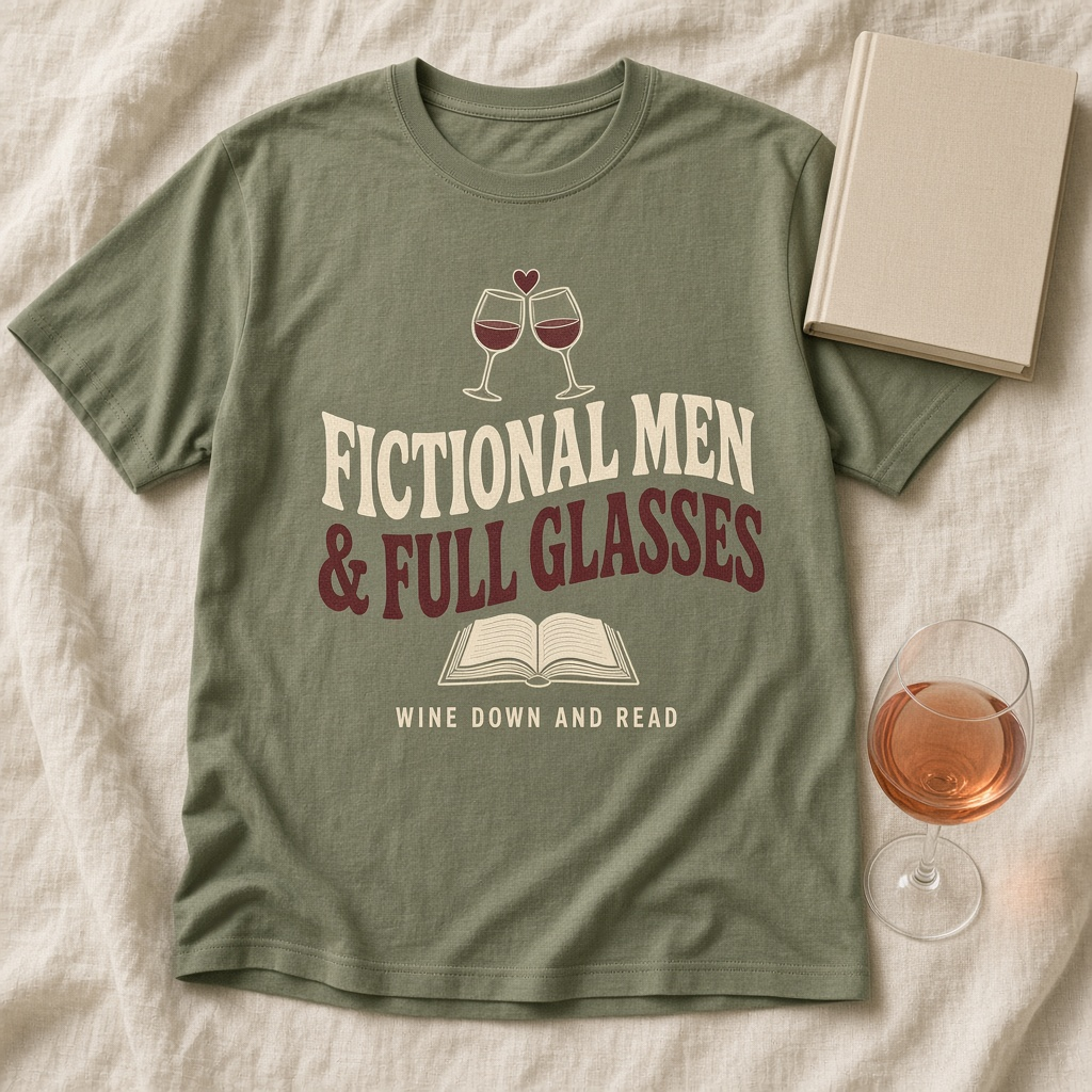 Fictional Men & Full Glasses T-Shirt – Retro Wine & Book Lover Tee