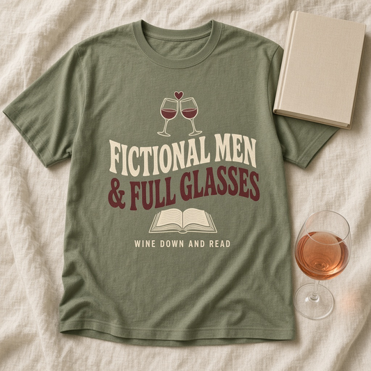 Fictional Men & Full Glasses T-Shirt – Retro Wine & Book Lover Tee
