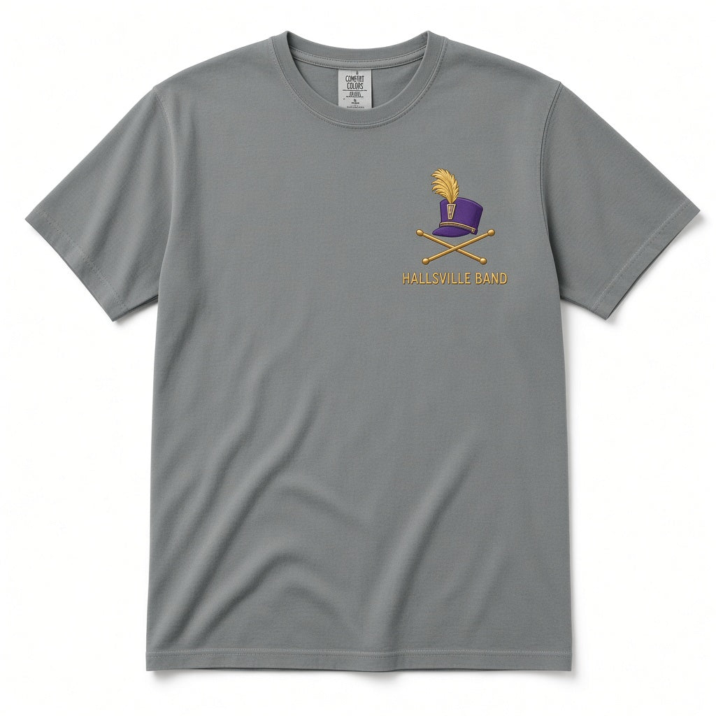 Hallsville Band Shako Crest Tee - Grey, printed on Comfort Colors 1717 Garment-Dyed Heavyweight Tee