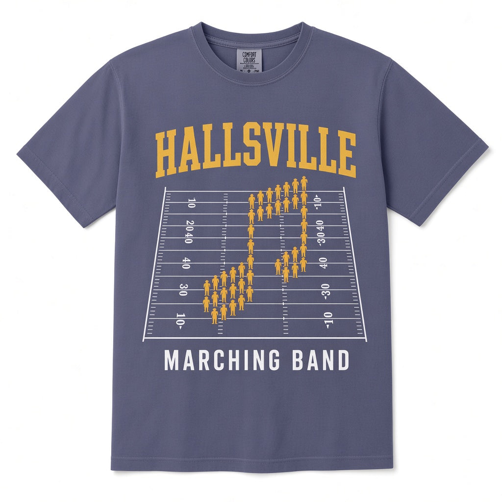 Hallsville Band Halftime Formation Tee - Grape, printed on Comfort Colors 1717 Garment-Dyed Heavyweight Tee