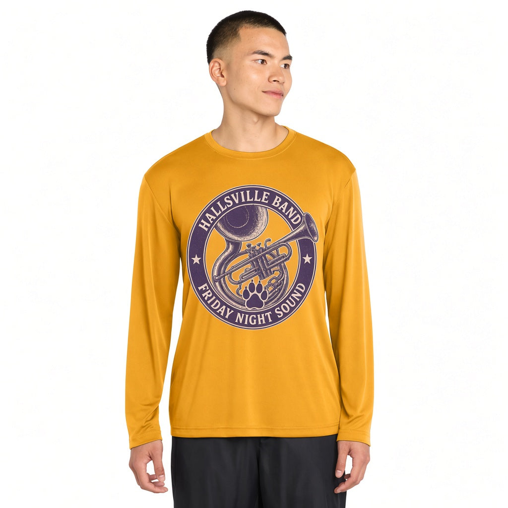 Hallsville Band Friday Night Sound Long Sleeve - Gold, printed on Sport-Tek ST350LS Long Sleeve PosiCharge Competitor Tee