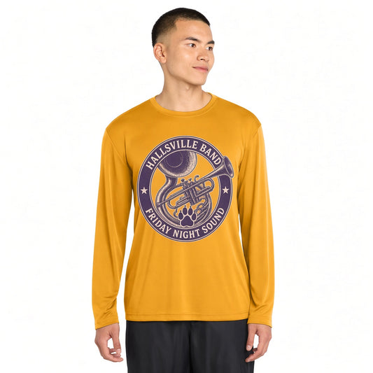 Hallsville Band Friday Night Sound Long Sleeve - Gold, printed on Sport-Tek ST350LS Long Sleeve PosiCharge Competitor Tee
