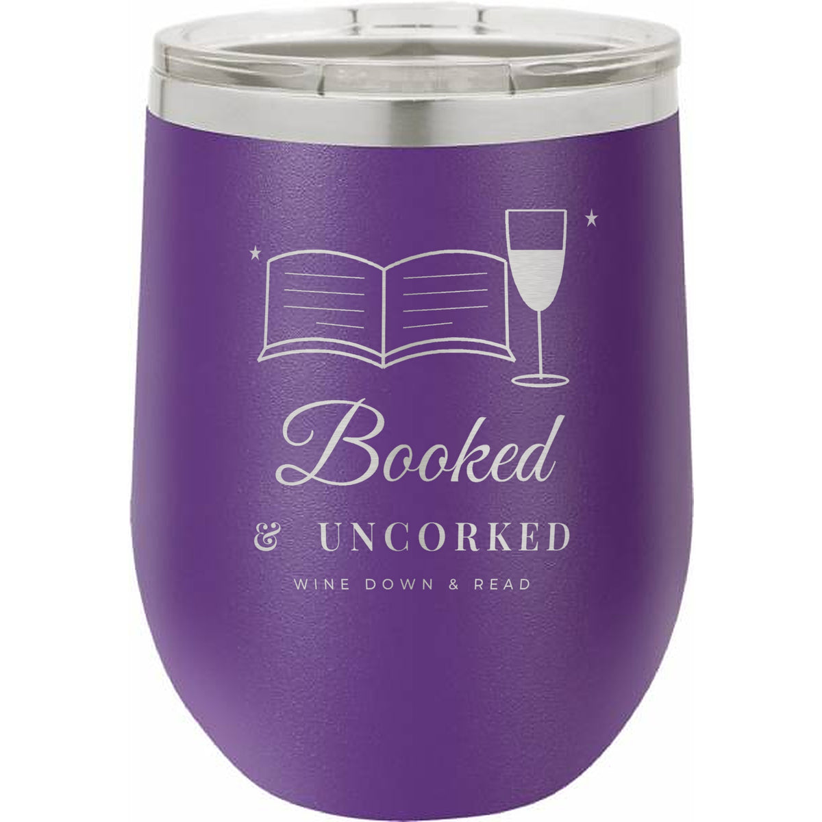Booked & Uncorked Engraved Stemless Wine Tumbler – 12 oz - Purple