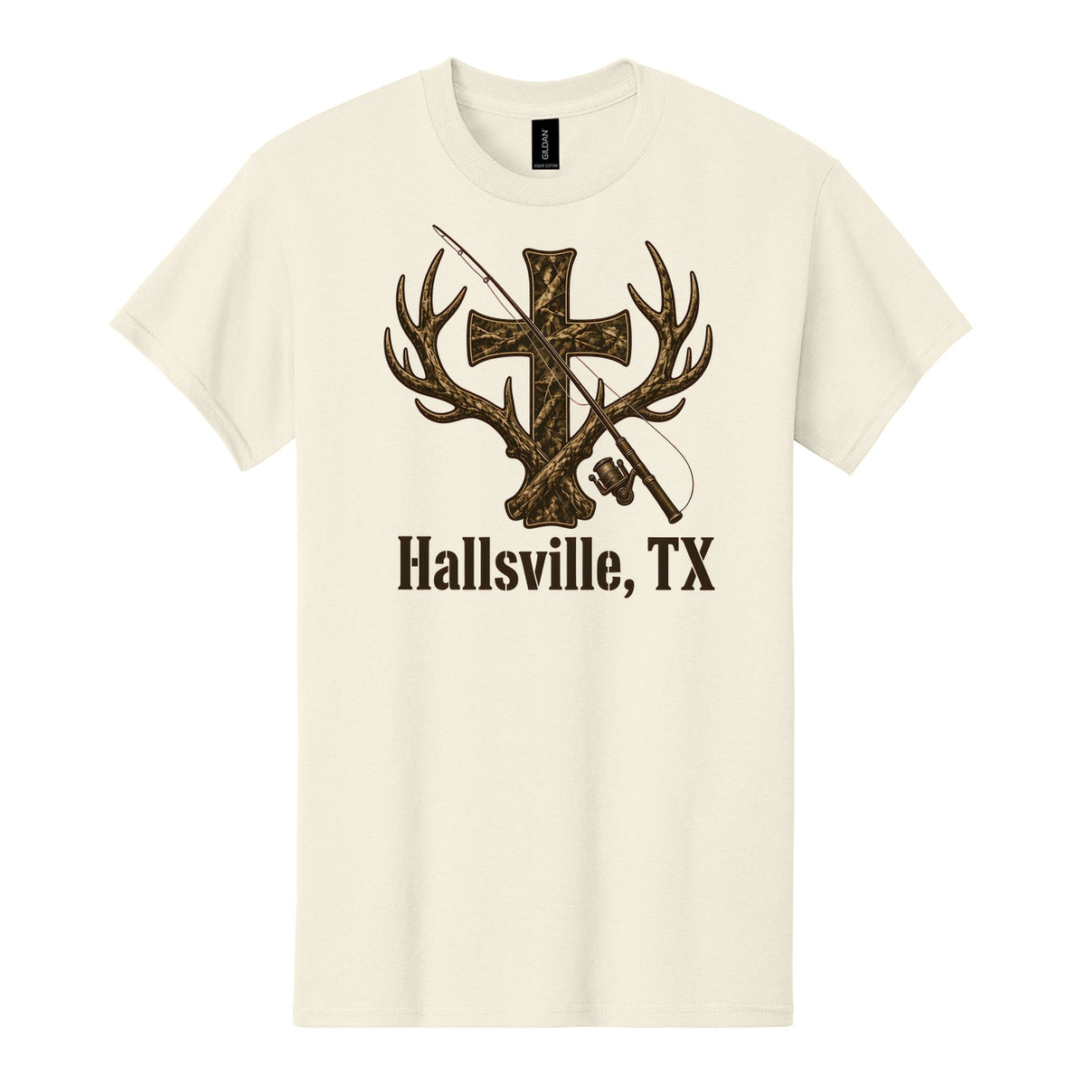 Hallsville TX Camo Cross T-Shirt – Deer Antler & Fishing Rod Christian Country Tee - Natural