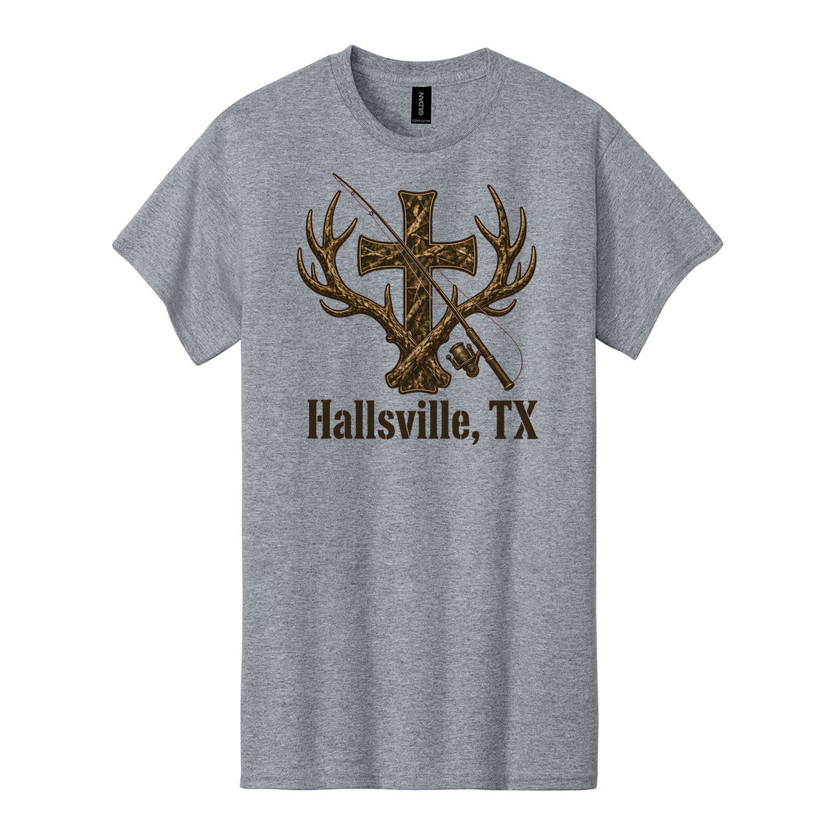 Hallsville TX Camo Cross T-Shirt – Deer Antler & Fishing Rod Christian Country Tee - Sport Grey