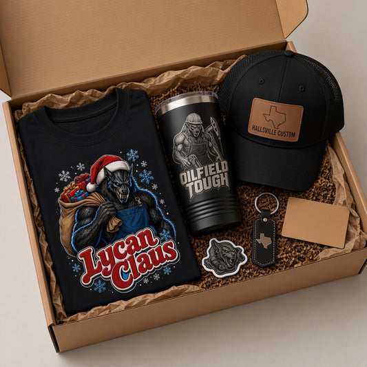 Lycan Claus Full Moon holiday gift box with a black werewolf hoodie, engraved black tumbler, hat, Texas keychain, wood coaster and sticker