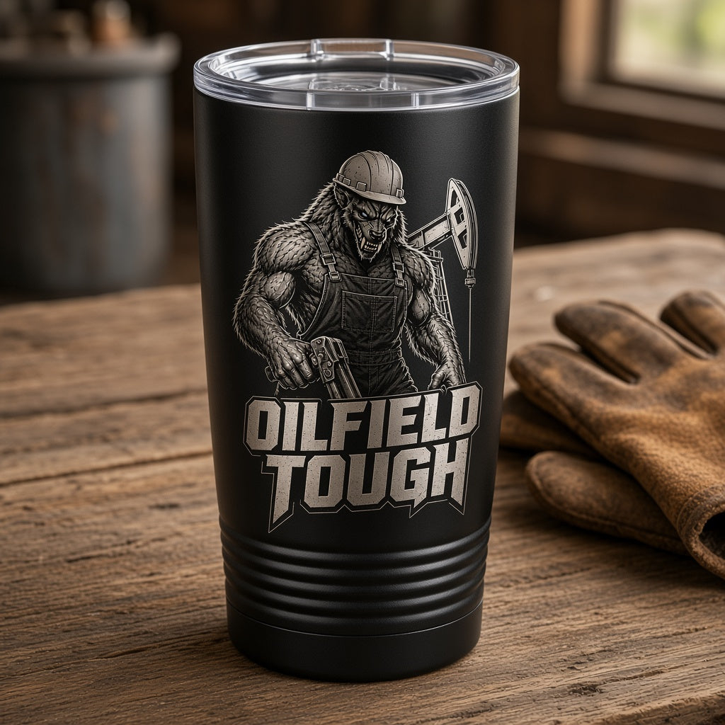 Oilfield Tough Crew Gift Set - Oilfield Tough design laser engraved on a black 20 oz Polar Camel tumbler