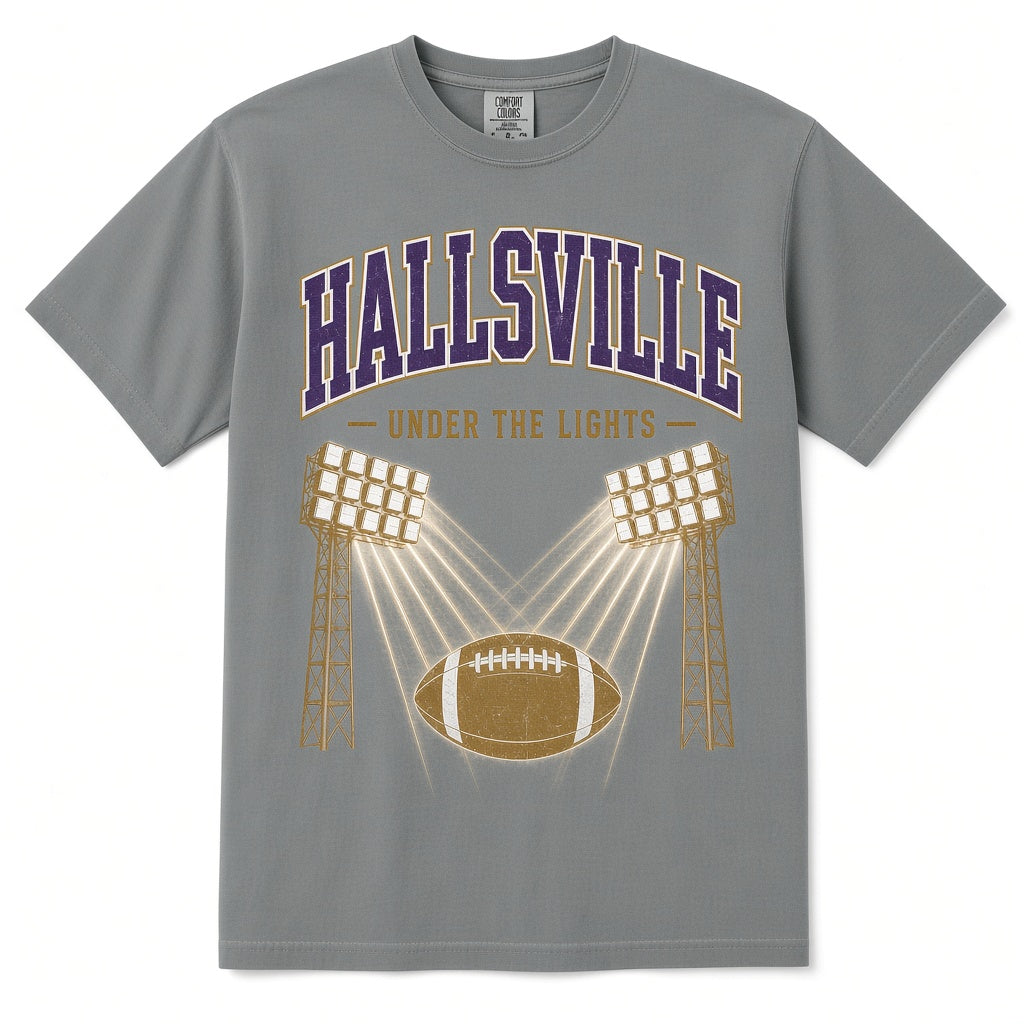 Hallsville Stadium Lights Tee - Grey, printed on Comfort Colors 1717 Garment-Dyed Heavyweight Tee