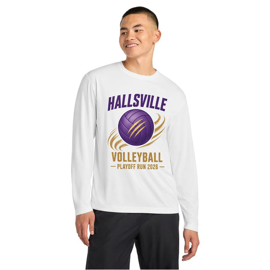 Hallsville Volleyball Playoff Run Long Sleeve - White, printed on Sport-Tek ST350LS Long Sleeve PosiCharge Competitor Tee