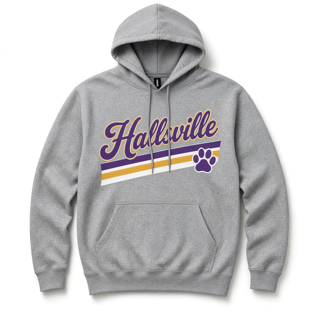 Hallsville Retro Stripe Paw Hoodie - Sport Grey, printed on Gildan 18500 Heavy Blend Hooded Sweatshirt