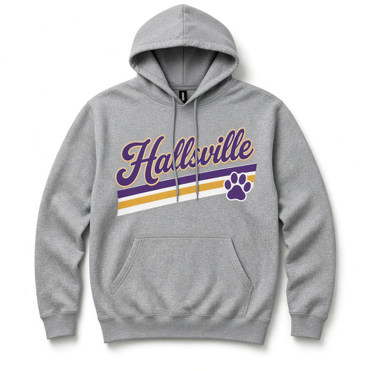Hallsville Retro Stripe Paw Hoodie - Sport Grey, printed on Gildan 18500 Heavy Blend Hooded Sweatshirt