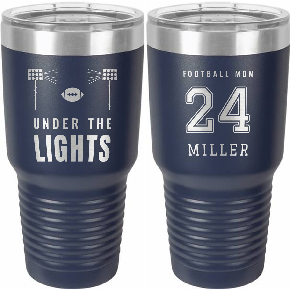 Under the Lights Football Mom Engraved Tumbler – 30 oz - Navy