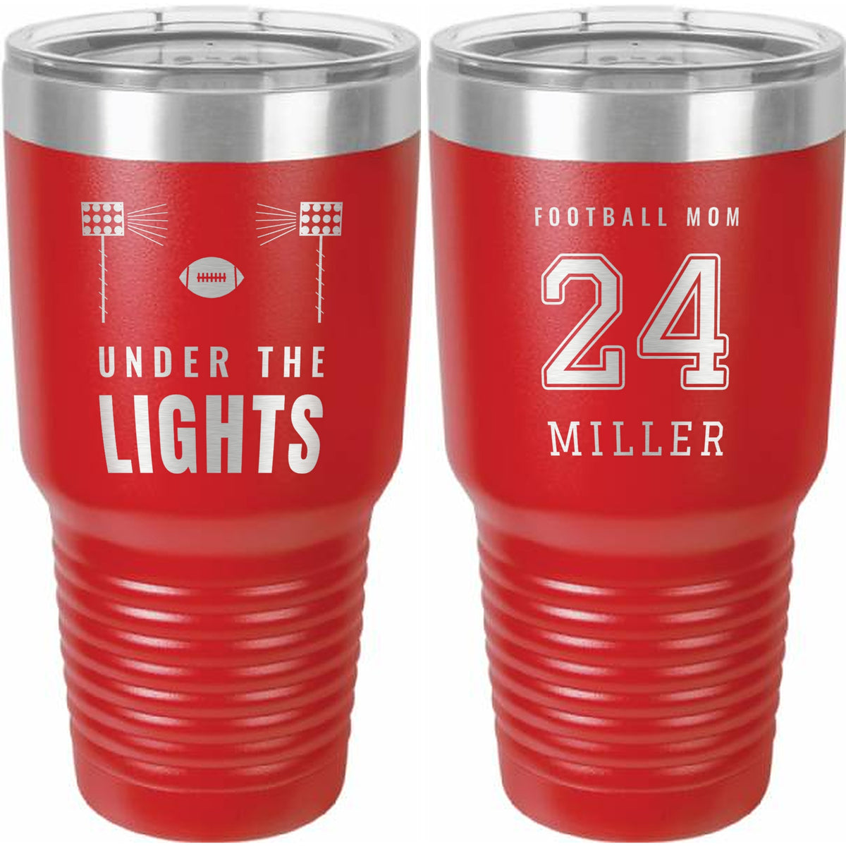 Under the Lights Football Mom Engraved Tumbler – 30 oz - Red