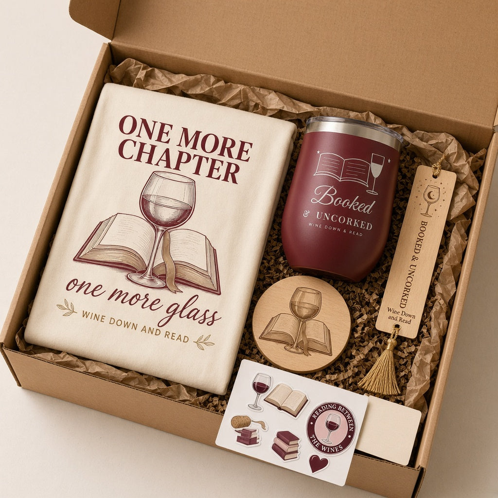 Wine Down and Read holiday gift box with an engraved stemless wine tumbler, wood bookmark with gold tassel, wood coaster and sticker in a kraft box